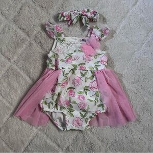 Little Lass Baby | Pink and Cream Floral Tutu Dress Romper | Size 6-9 Months